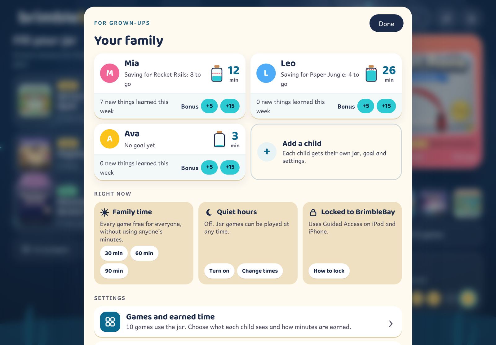 For grown-ups: each child's jar and goal, bonus buttons, and Family time, quiet hours and the lock under Right now.