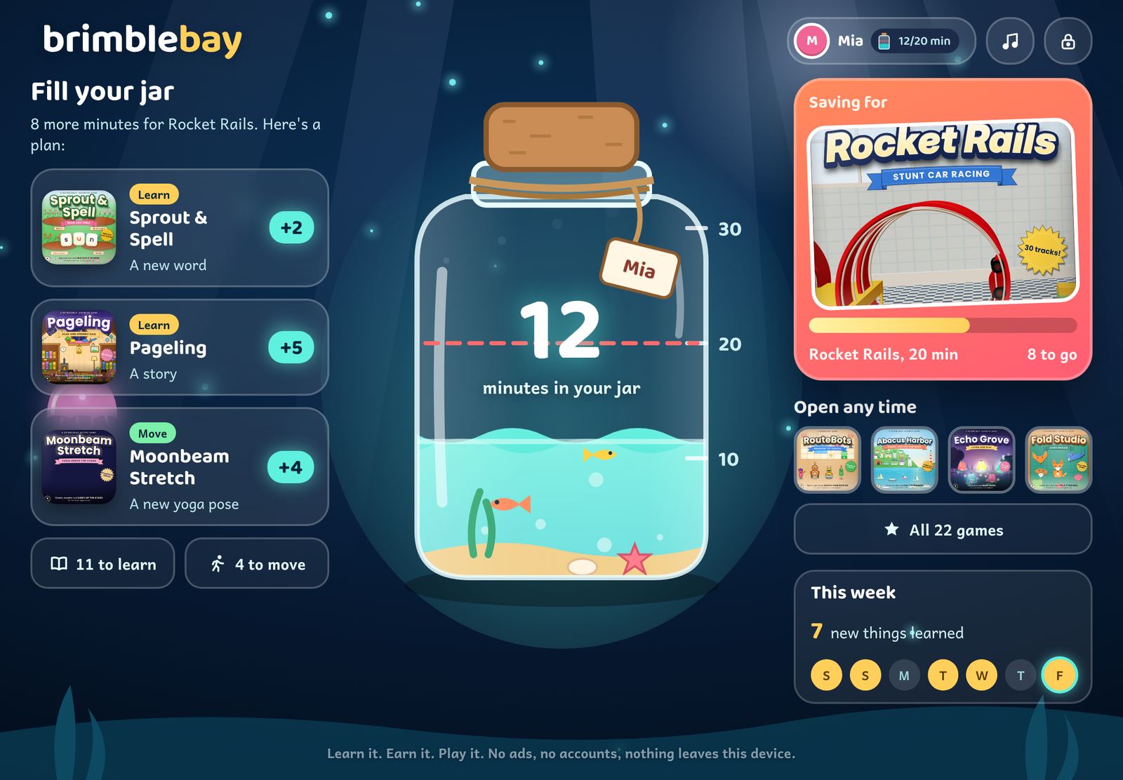 BrimbleBay on iPad: Mia's jar has 12 minutes, she is saving for 20 minutes of Rocket Rails, and a plan suggests a new word in Sprout & Spell, a story in Pageling and a yoga pose in Moonbeam Stretch.