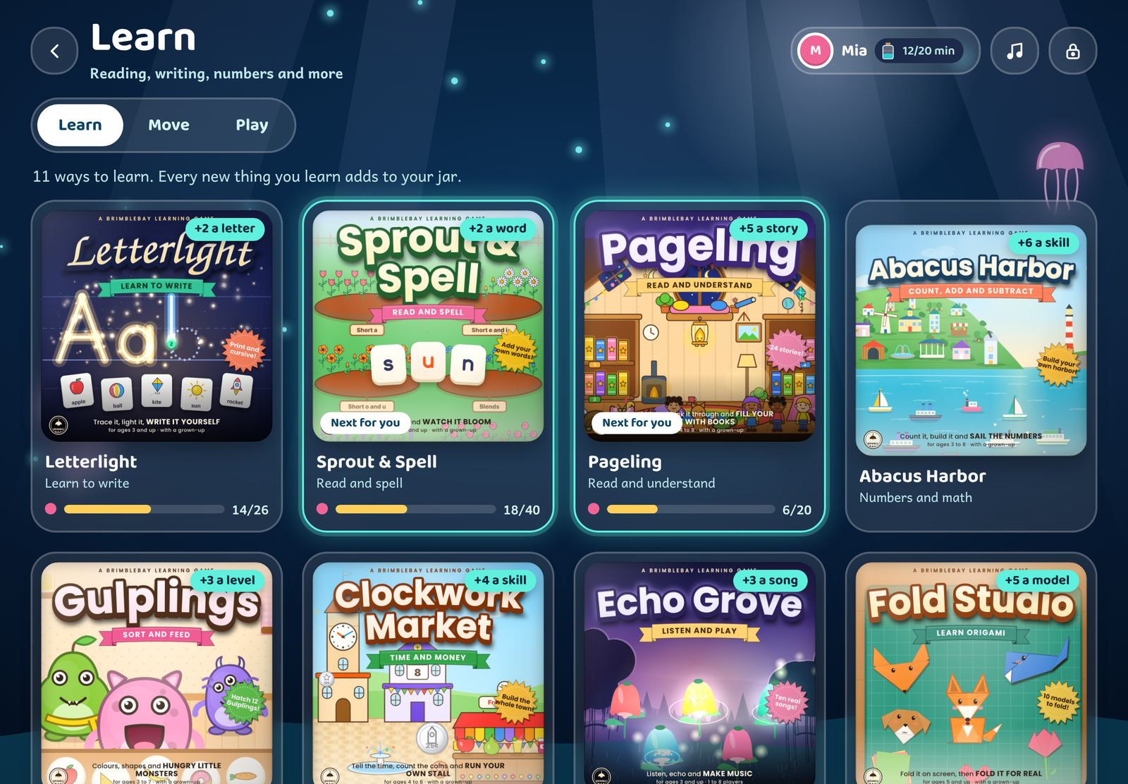 The Learn room: game covers with the minutes each step adds, the child's progress bars and Next for you.